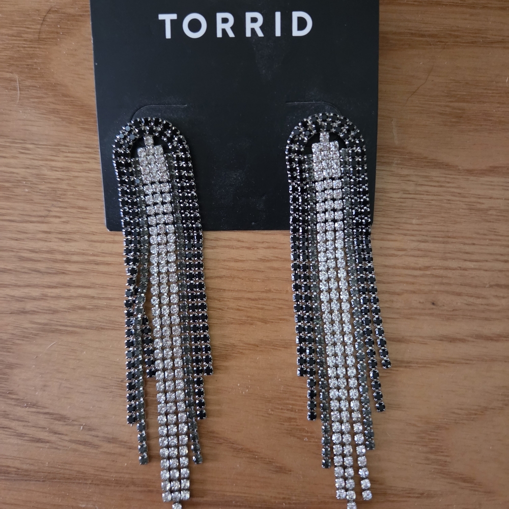 torrid Black and Silver Rhinestone Fringe Drop Earrings